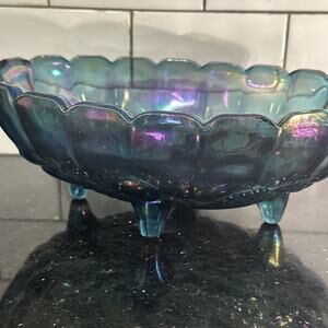 VTG Carnival Glass Blue Iridescent Purple Console Centerpiece Bowl Harvest Grape